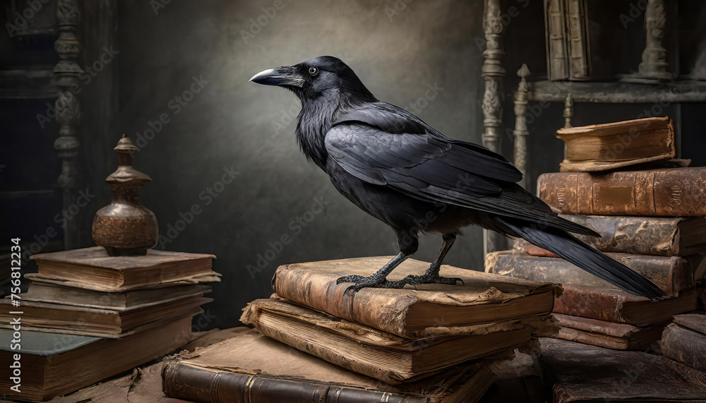 Obraz premium a raven standing on a stack of very old books
