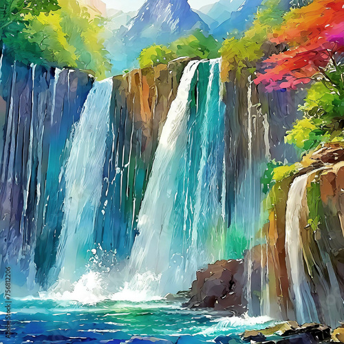 大自然山奥の滝と紅葉油絵風 photo