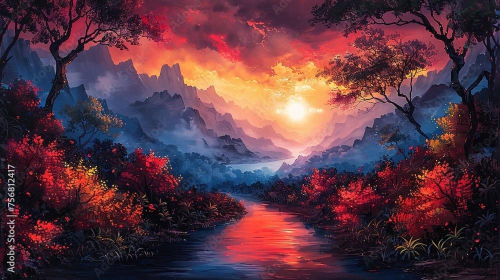 Painting of a jungle landscape. Watercolor pattern wallpaper Painting of a jungle landscape. Watercolor pattern wallpaper