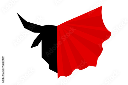 Black bull red cloth. Spanish ethnic traditional symbol. Logo, icon, art print, vector illustration. 