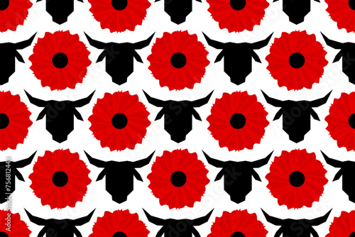  Black BULL, BISON, COW AND red POPPY FLOWER. Animalistic ethnic traditional symbol. Logo, icon, art print, vector illustration. Seamless vector pattern.