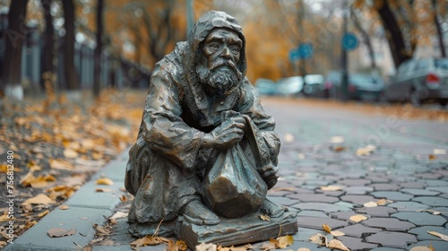 Bronze sculpture of a beggar in the city