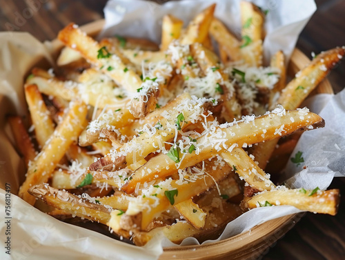 Crispy fries coated in garlic butter and grated parmesan cheese, served in a rustic basket lined with parchment paper