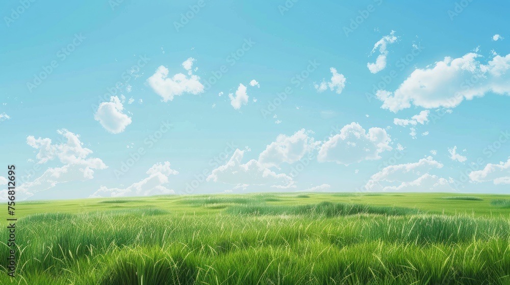Fototapeta premium green field with blue sky. sunny day. beautiful sky, cloud, sun