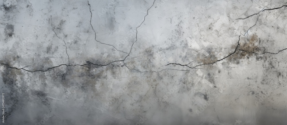 Naklejka premium A detailed shot of a grey cracked concrete wall against a cloudy sky backdrop, showcasing natures frost pattern. The natural landscape adds to the freezing ambiance