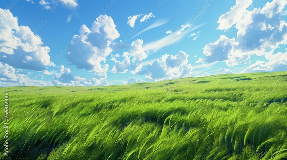 green field with blue sky. sunny day. beautiful sky, cloud, sun