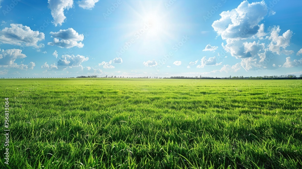Obraz premium green field with blue sky. sunny day. beautiful sky, cloud, sun