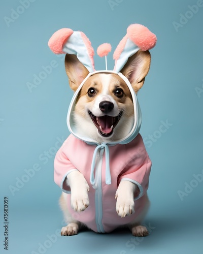 Banner with dog dressed in Easter bunny ears © Spyrydon