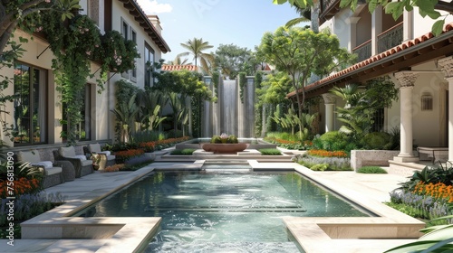 The concept incorporates creative water features throughout the villa, such as a reflecting pool. Cascading waterfall or a contemporary fountain in the central courtyard. © Chaonchai