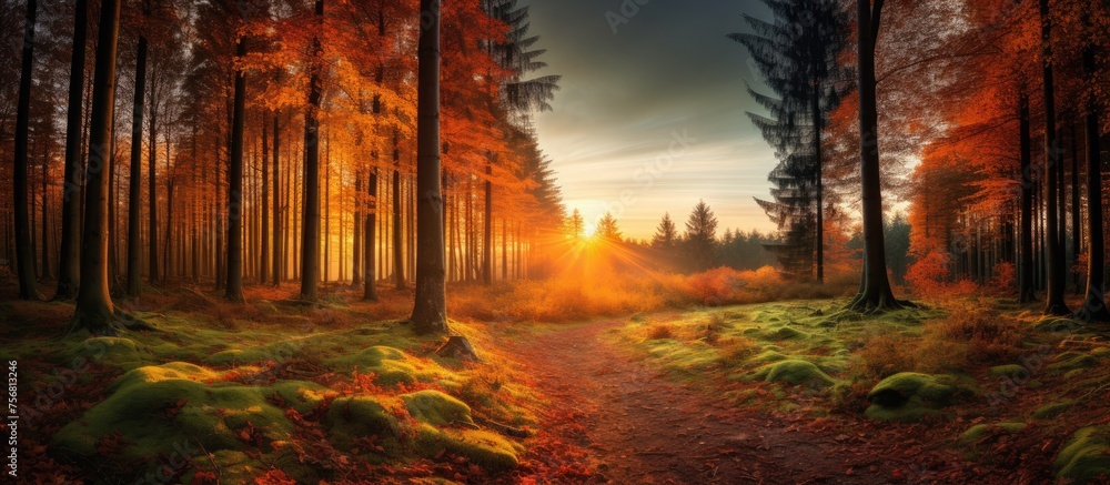 The autumn forest creates a picturesque landscape as the sun filters through the trees, casting a golden glow on the grass and painting the sky with warm colors