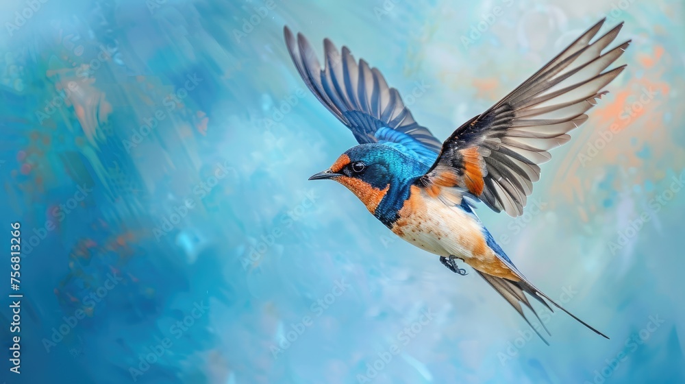 Fototapeta premium Flying barn swallow (rustica hirundo) in front of a blue background.