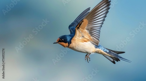 Flying barn swallow (rustica hirundo) in front of a blue background.
