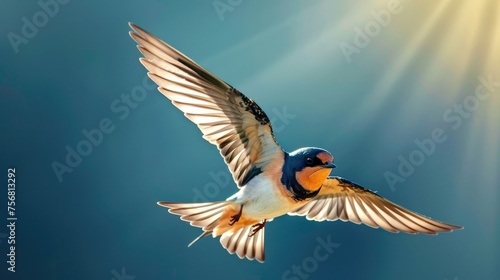 Flying barn swallow (rustica hirundo) in front of a blue background.