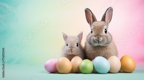 Two cute rabbits with colorful Easter eggs on blue background © JuliaDorian