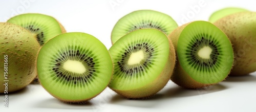 A line of Hardy kiwi fruits cut in half displayed on a white surface, showcasing their vibrant green color. The natural food is appealing to the eye photo