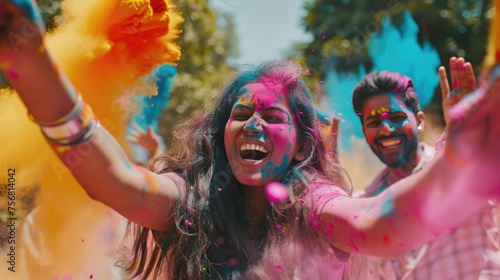 Holi festival. happy hindu indian people celebrate holi festival by throwing colorful powder at each other 