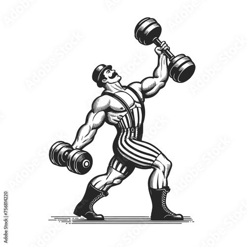 Strongman athlete with dumbbell weights sketch engraving generative ai fictional character vector illustration. Scratch board imitation. Black and white image.