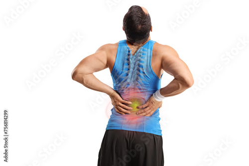 Obraz na plátne Rear view shot of a male athlete stretching his painful back with red inflamed s
