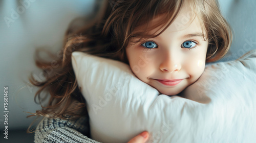 A young girl with piercing blue eyes tenderly cradling a pillow. © Pillow Productions