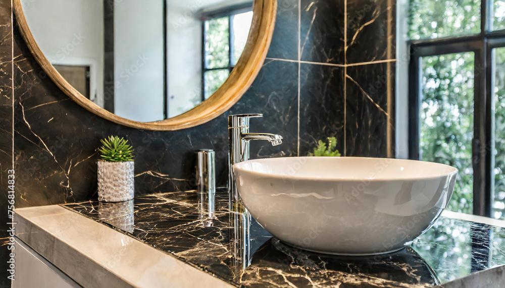 Luxurious Modern Bathroom Interior with Black Marble Countertop Washbasin and Round Mirror Illustration