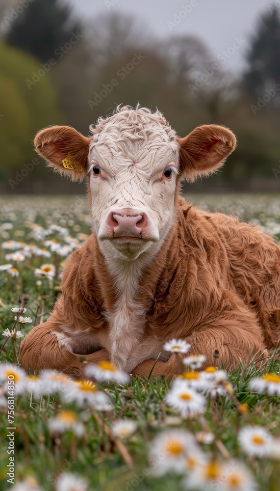 Young calf grazing in daisy field on a sunny summer day serene nature scene with farm animal Young calf grazing in daisy field on a sunny summer day serene nature scene with farm animal