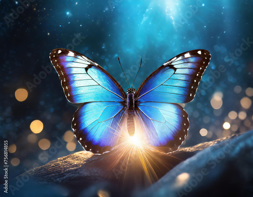 Majestic blue butterfly with a subtle glow, symbolizing transformation © Joey
