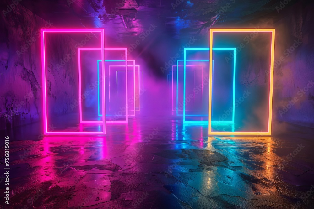 3d render Abstract background with multicolored neon geometric shapes