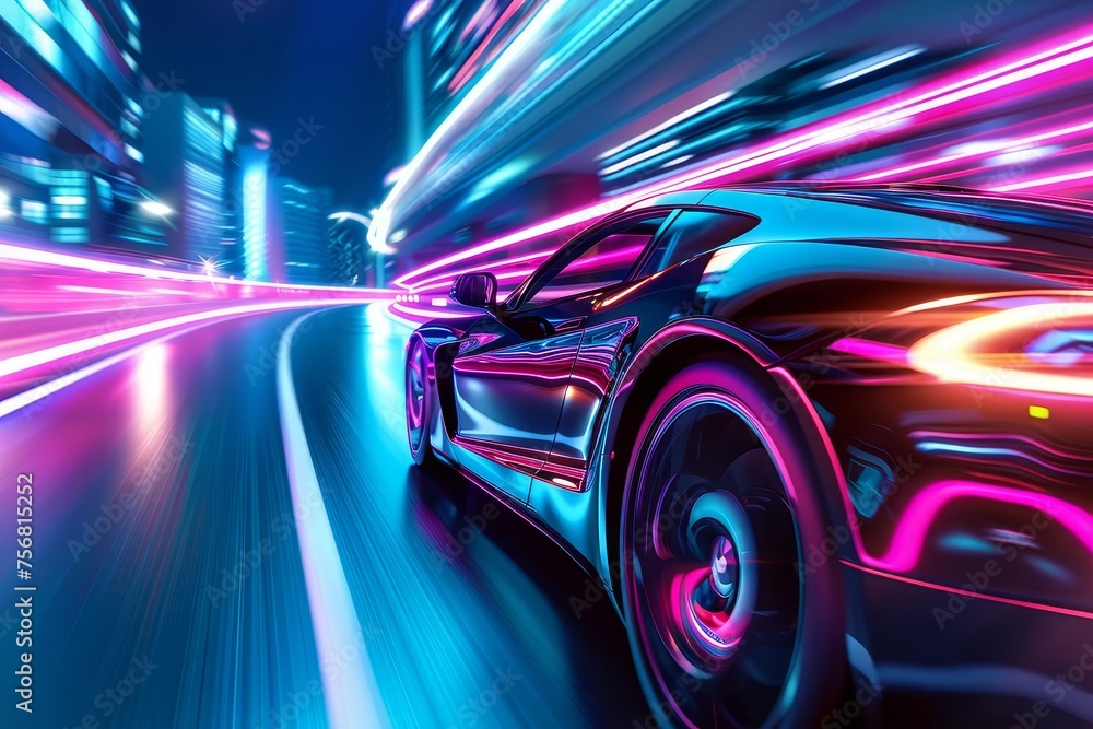 Artificial intelligence driving a high-speed electric sports car on a futuristic city track Neon lights and motion blur