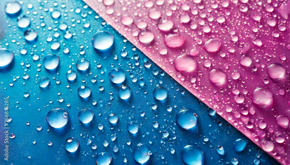 The background features a blend of blue, pink, and purple colors, with water droplets scattered throughout. The droplets create a shiny and reflective surface, adding texture The background features a blend of blue, pink, and purple colors, with water droplets scattered throughout. The droplets create a shiny and reflective surface, adding texture