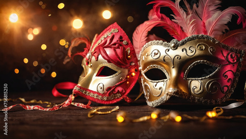 Two carnival masks on a dark background