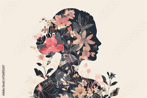 Artistic illustration blending a female silhouette with floral patterns Celebrating femininity and nature photo