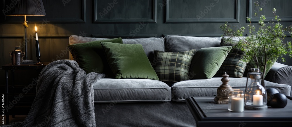 Fototapeta premium Gray velvet sofa and pillows in living room interior with green plaid and coffee table.