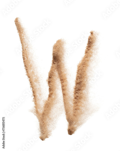 W English alphabet made of Sand explosion with W English alphabet scattered, space for text. Concept of Flying sand particle object to shape in air. White background Isolated throwing element object