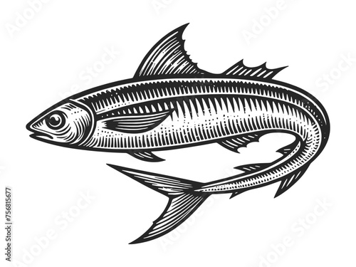 anchovy mackerel fish in a vintage engraving style, suitable for food and fishing themes food sketch engraving generative ai vector illustration. Scratch board imitation. Black and white image.