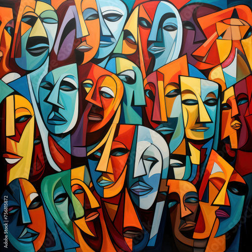 Vibrant cubist art presenting a kaleidoscopic array of abstract facial forms and expressions