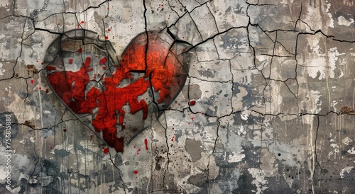 A broken red heart on a dry surface with cracks as a symbol of heartbreak and lovesickness.