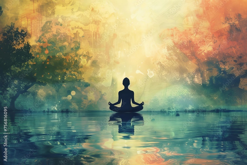 Mindfulness meditation Serene figure in lotus pose Surrounded by nature Embodying peace and spiritual awakening Mindfulness meditation Serene figure in lotus pose Surrounded by nature Embodying peace and spiritual awakening