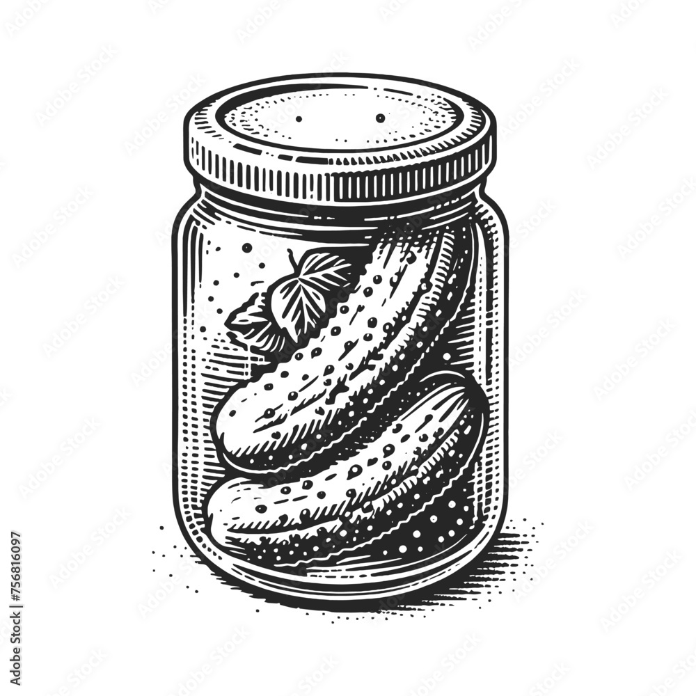 pickles in sealed glass jar, isolated on white, depicted in an engraved style. Sketch engraving generative ai vector illustration. Scratch board imitation. Black and white image. - obrazy, fototapety, plakaty 