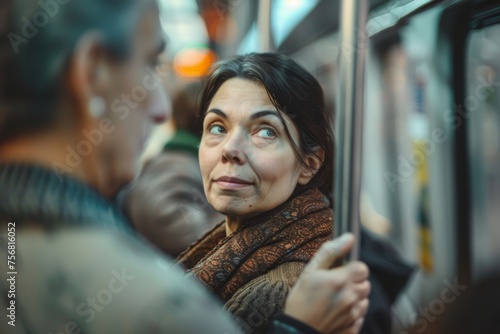 Contemplative female passenger looking through a subway window, with blurred figures in the foreground