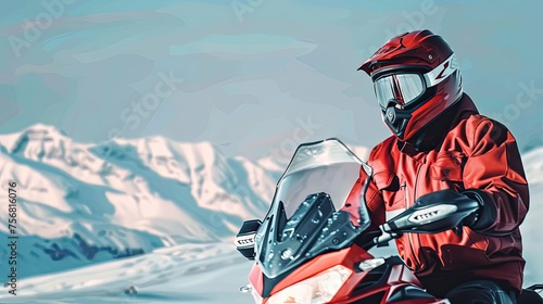Man driving snowmobile in winter mountain background. Winter sports, recreation Active lifestyle. adventure. Vacation concept. Outdoor activity