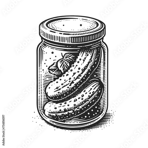 pickles in sealed glass jar, isolated on white, depicted in an engraved style. Sketch engraving generative ai vector illustration. Scratch board imitation. Black and white image.