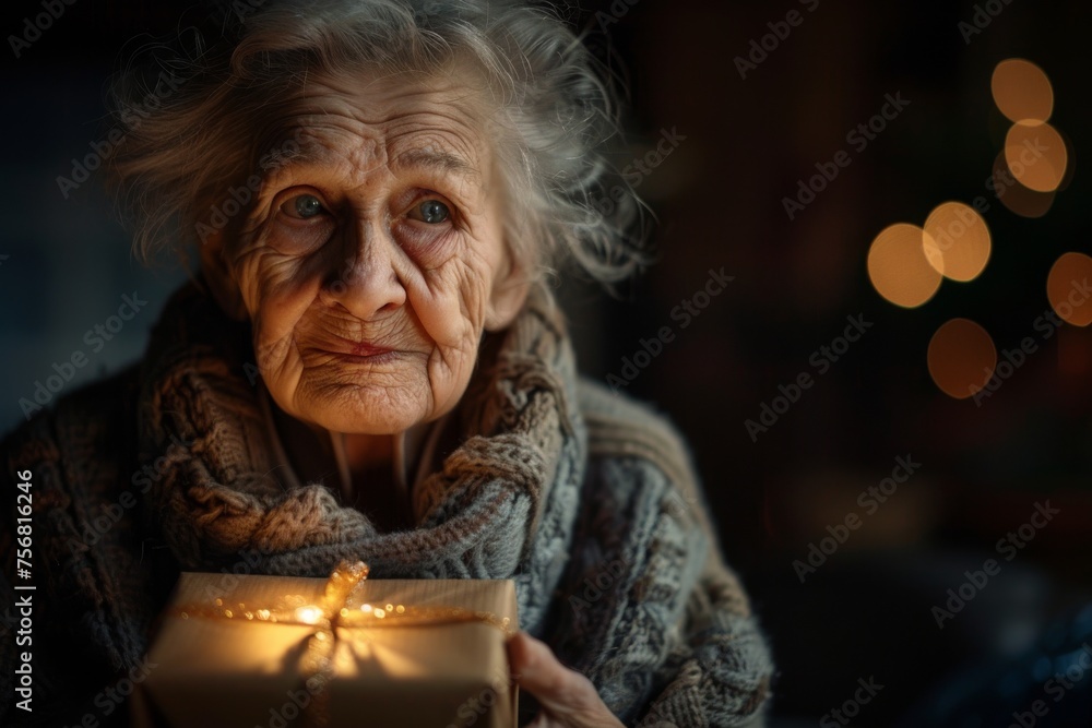 Elderly woman with deep facial lines and a thoughtful gaze, holding a sparkling gift in a cozy setting Elderly woman with deep facial lines and a thoughtful gaze, holding a sparkling gift in a cozy setting