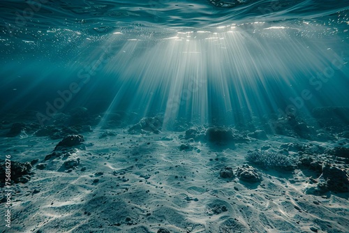 Serene underwater scenery with sunbeams penetrating the ocean