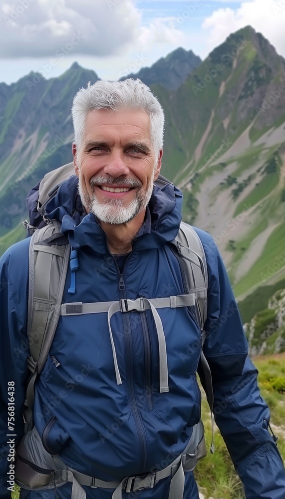 Middle aged man hiking in mountain landscape for outdoor adventure exploration and motivation