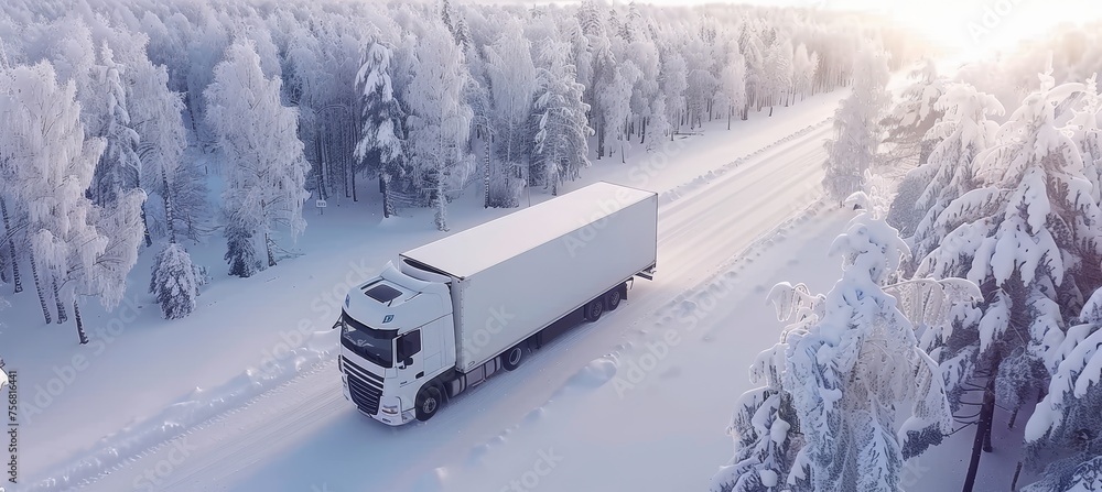 Aerial view of car and truck driving on snow covered road in white winter forest scenery Aerial view of car and truck driving on snow covered road in white winter forest scenery