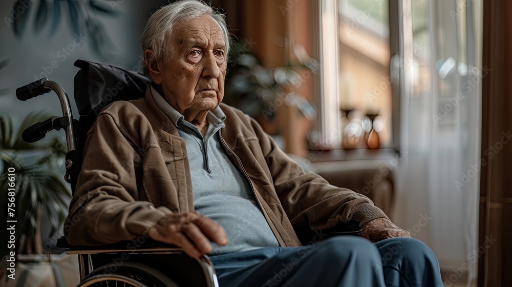 Take care elderly. Portrait of lonely senior man in wheelchair at home. Elderly people. feeling sad and depressed looking window outside.  - obrazy, fototapety, plakaty 