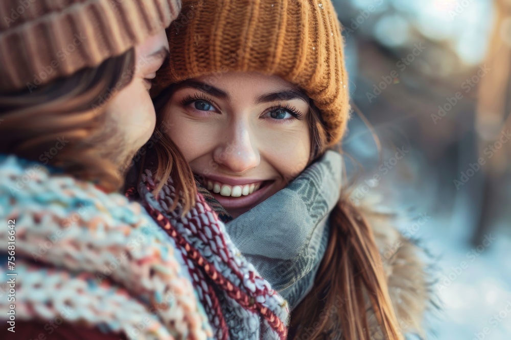 An attractive young woman beams with a joyful smile, wearing a knit hat and scarf in a wintry scene An attractive young woman beams with a joyful smile, wearing a knit hat and scarf in a wintry scene