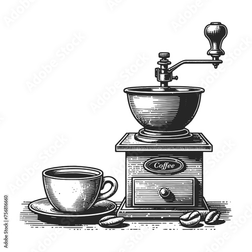 Vintage manual coffee grinder with cup ideal for coffee enthusiasts and historical kitchenware themes sketch engraving generative ai vector illustration. Scratch board imitation. Black and white image
