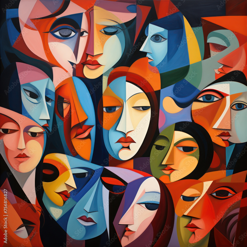 Mosaic of serene faces in cubist abstraction