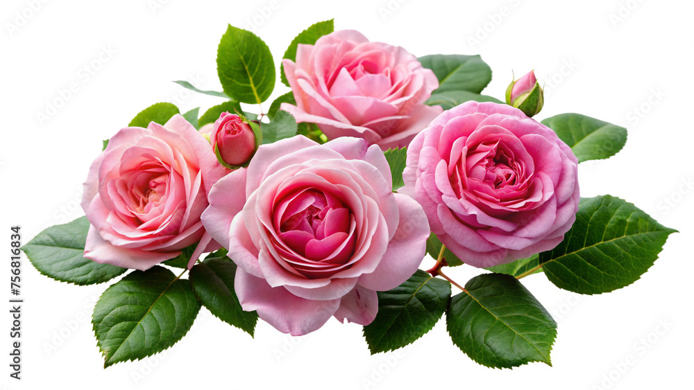 Beautiful pink roses in full bloom, with soft petals and green leaves, cut out on white background.